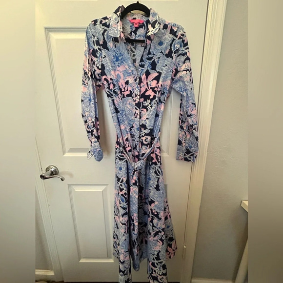 Lilly Pulitzer 10 Floral Mira Shirt Dress Amore Please Long Sleeves Tie - Picture 2 of 4